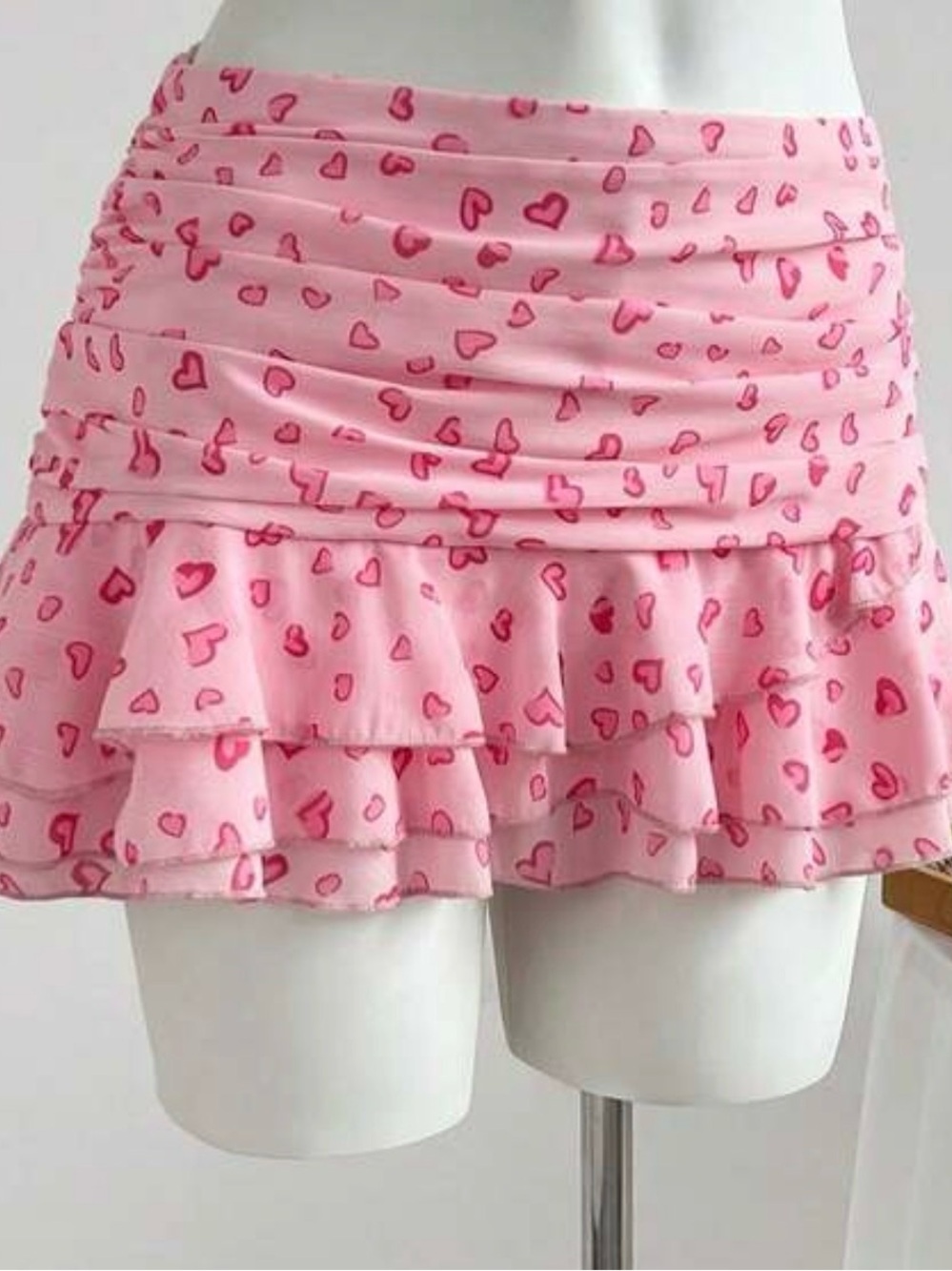 SHEIN Pink Heart-Print Tiered Ruffle Mini Skirt